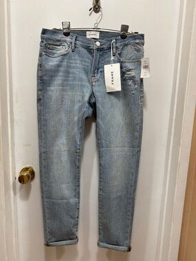 Frame Denim Light Wash Boyfriend Jeans with Distressing